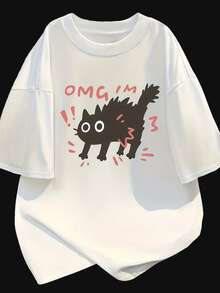 Y2K, A Casual Loose Short-Sleeved T-Shirt For Women, OMG Cat Print T-Shirt, Sweet Style, Round Neck, Made Of 95% And 5%. - 白色 - 查看 1