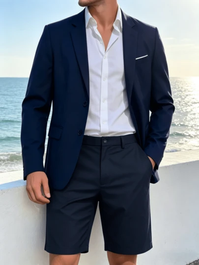 2pcs Men's Suit Jacket + Shorts Set, Luxury Classic Design, Retro Streetwear, Multi-Scenario Matching, Men's Preferred Choice