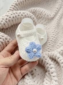 1 Pair Infant Christening Booties, White Pearl Knit Slippers, Infant Shoes - Blue - View 2