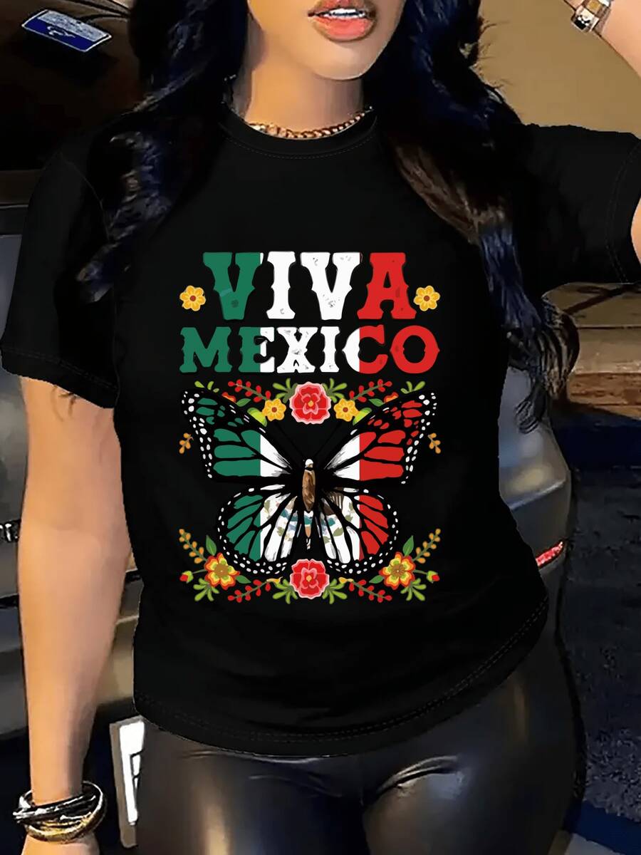 Camiseta de algodón de manga corta para mujer, moda femenina, con letras, estampados, estampado direccional, cuello redondo para primavera y otoño, camisetas para mujer. - Negro - Ver 1