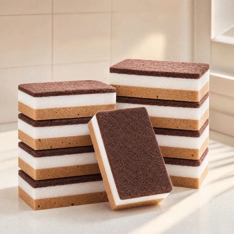 5/10/20pcs Brown Seaweed Shaped Triple-Layer Double-Sided Magic Cleaning Sponge, High Density Honeycomb Dish Sponge, Kitchen Bathroom Household Cleaning Sponge, Dish Washing Sponge, Scrub Sponge, Cleaning Pad - Right-angle Style - View 1