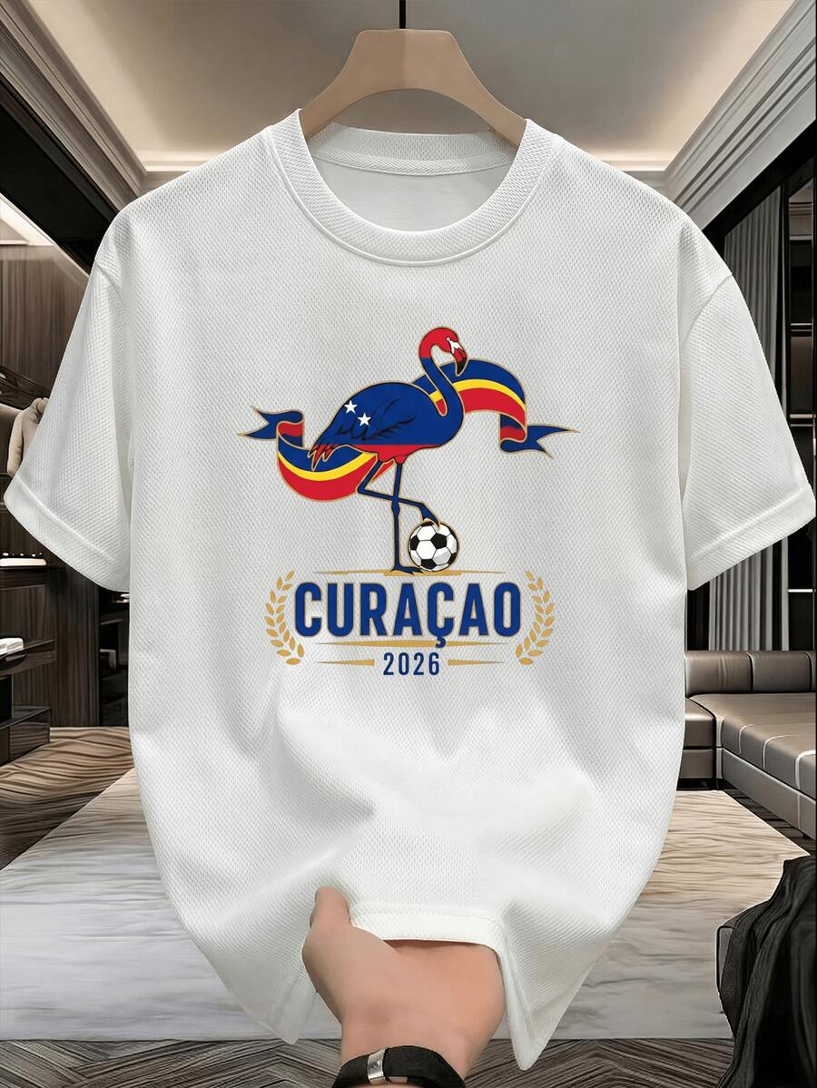 Camiseta de manga corta para hombre de la Copa Mundial, color sólido con estampado, regalo de aniversario o cumpleaños, malla transpirable, a la moda para parejas. - Blanco - Ver 1