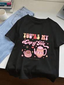 Pink Teapot With Hearts Representing Love, Warmth, And Cozy Moments, Next To A Teacup With Symbols Of Peace And Positive Energy; Comfortable Casual Women's T-Shirt For Everyday Wear - 黑色 - 查看 8