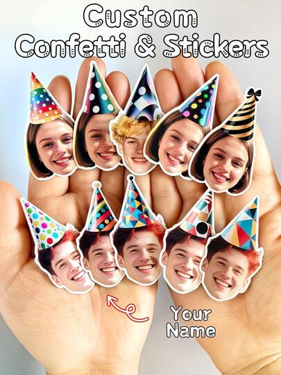 1/10/25/50/100/150pcs Custom Face Confetti/Stickers With Birthday Hats, Personalized Photo Stickers, Suitable For Graduation, Birthday, Bachelorette Party Decorations& Festivals, Fun Face Cut-Outs, Surprise Gift For Her/Him, Birthday Party Decor, Birthday Gift, Creative Envelope Sealing Stickers For University And High School Graduation Celebration Events, Ideal Gift For Him/Her