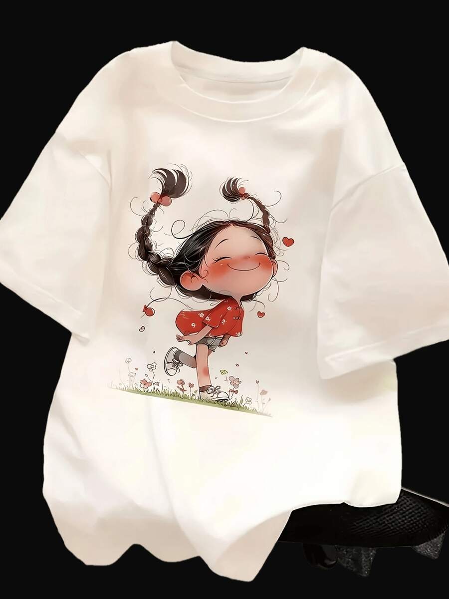 Camiseta de Mujer con Estampado Lindo, 95% Poliéster + 5% Spandex, Diseño de Dibujos Animados, Corte Holgado, Casual, Camiseta para Mujer - Blanco - Ver 1