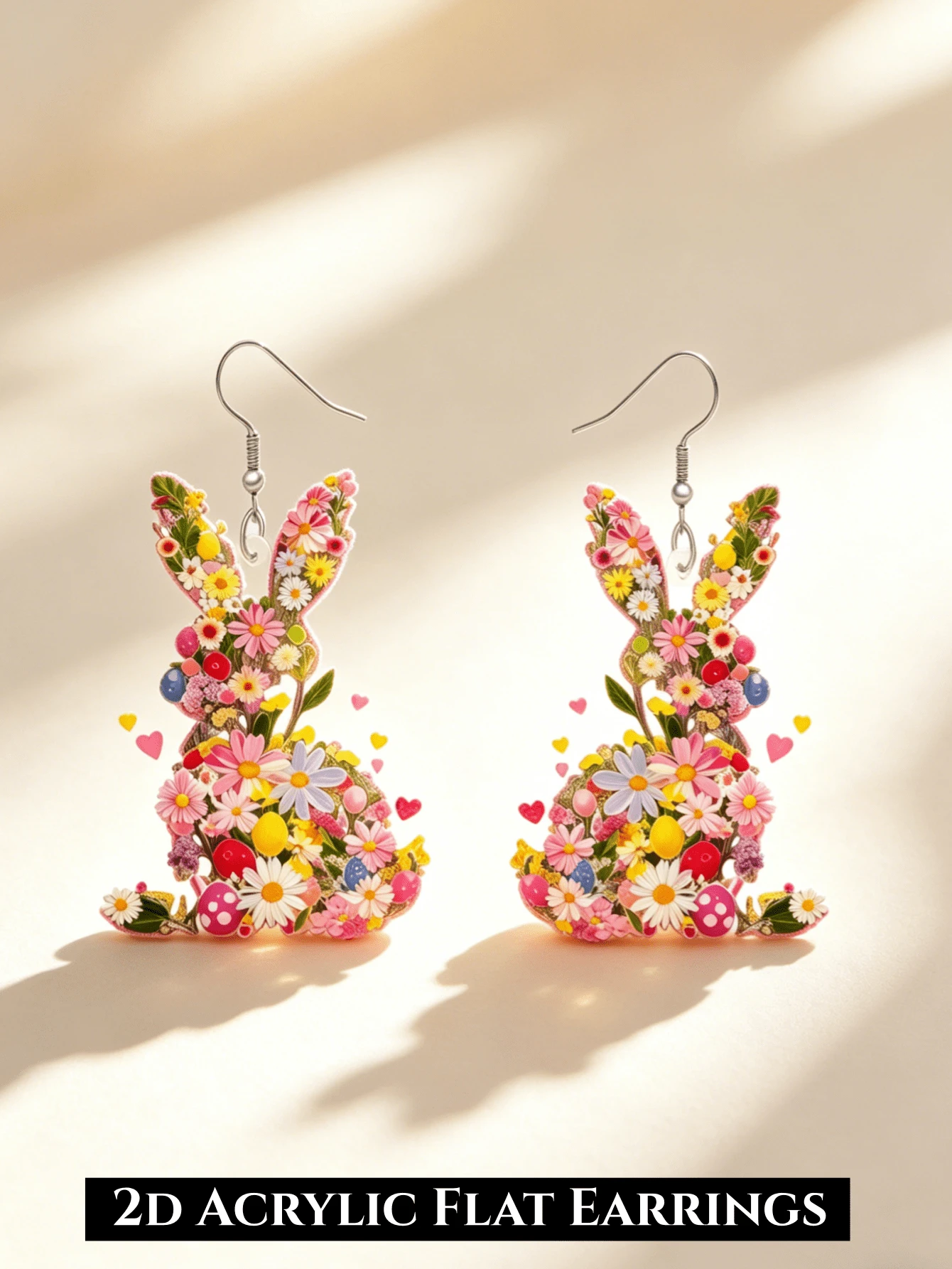 2D Floral Rabbit Egg Print Pendant Earrings, Easter Themed Earrings, Flat Acrylic Material, Suitable For Daily And Holiday Wear, Elegant And Fashionable Earrings, Creative Design, Suitable For All Seasons - Flower Rabbit - View 1