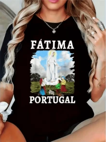 Celestial Figure Surrounded By Clouds And Devotees Symbolizing Purity, Spiritual Hope, And Connection With Faith In Fatima, Portugal. Comfortable, Modern Women's T-Shirt Perfect For Casual Occasions. - 黑色 - 查看 1