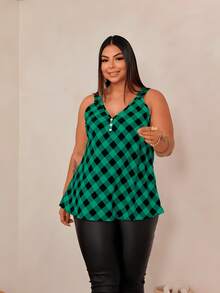 Women's Plus Size Tank Top Duna With Pearl Buttons, Sizes GG G1 To G3 - Green & Black - View 8