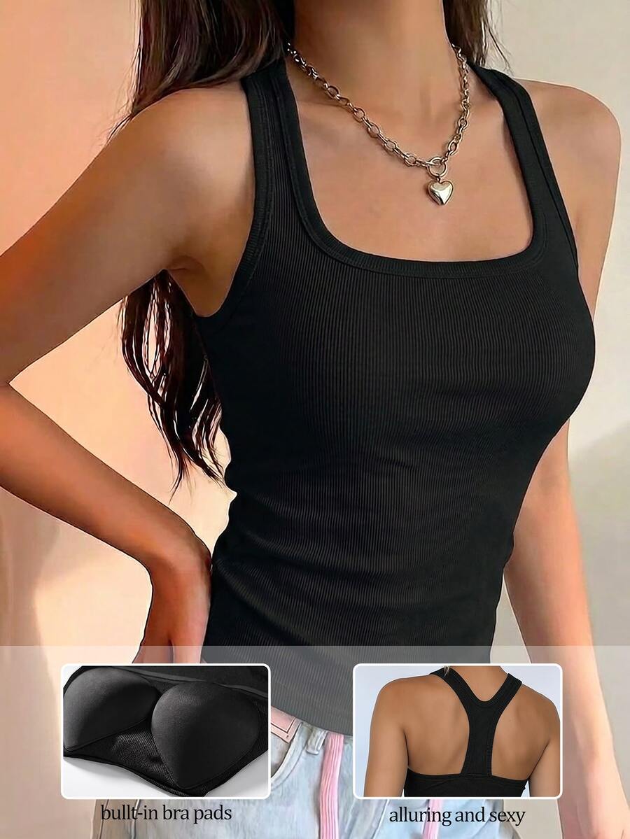Áo tank top ôm sát dành cho nữ, có đệm ngực, chất liệu mềm mại và thoải mái, có thể giặt máy, áo lót mùa hè. - màu đen - Xem 1