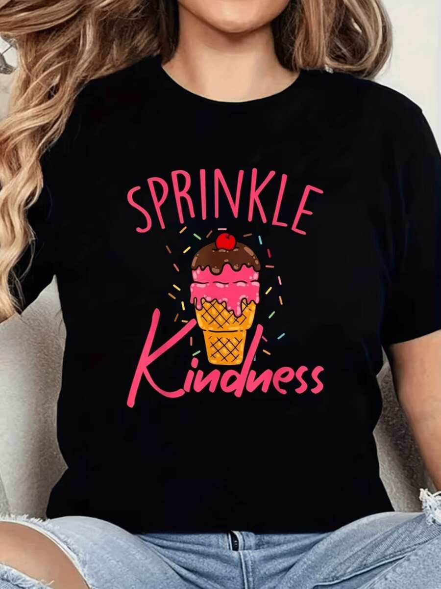 Ice Cream With Cherry And Colorful Sprinkles Conveys Sweetness, Optimism, And A Message Of Kindness, Inspiring Smiles And Generosity. A Modern, Comfortable, Casual Women's T-Shirt For Everyday Wear. - 黑色 - 查看 1
