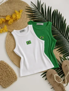 KIT 2 Tank Tops With Embroidered Brazilian Flag - White/Green - View 2