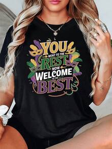 Máscaras de carnaval llenas de color con plumas verdes doradas y violetas simbolizan la alegría y la celebración de la mejor energía positiva camiseta de mujer con frase motivadora alegre perfecta para días festivos - Negro - Ver 1