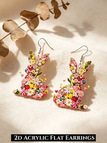 2D Floral Rabbit Egg Print Pendant Earrings, Easter Themed Earrings, Flat Acrylic Material, Suitable For Daily And Holiday Wear, Elegant And Fashionable Earrings, Creative Design, Suitable For All Seasons - Flower Rabbit - View 2