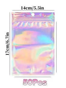 Disponibile în diferite dimensiuni 1000/500/100/50, pungi resigilabile anti-miros, pungi holografice din folie de poliester curcubeu, pungi cu fermoar din folie de aluminiu termosigilate cu găuri de agățare, potrivite pentru ambalarea cadourilor de petrecere, pungi de sigilare pentru bijuterii și mostre de unghii, pungi de ambalare a cadourilor de petrecere, pungi pentru depozitarea accesoriilor pentru bijuterii, pungi pentru depozitarea cosmeticelor. Potrivite și pentru pungi din folie de aluminiu pentru cadouri de petrecere pentru întreprinderi mici. - Multicolor - Vizualizare 18