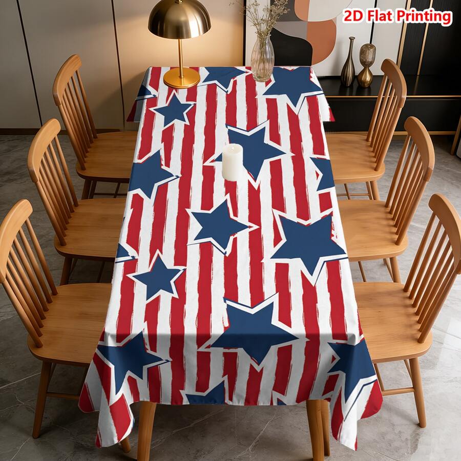 1/2pcs Independence Day Tablecloth, American Flag Pattern Tablecloth, Made Of Polyester Fiber, Suitable For Kitchen, Dining Room, Coffee Table, Picnic, Camping, Countryside, Protects Tabletop, Decorates For Independence Day, Red White Blue Classic Color, Star Spangled Design, Fashionable And Practical Home Decor - Multicolor - View 1
