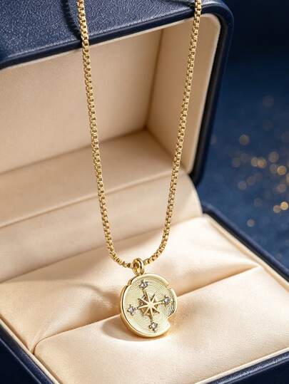 Women's Gold-Plated Compass Star Zirconia Round Pendant Necklace (Box Chain), Exquisite Celestial Design, Suitable For Daily Commute And Workwear, An Ideal Gift For Fashion Enthusiasts