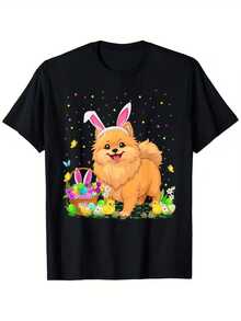 Pomeranian With Bunny Ears Surrounded By Colorful Eggs, Chicks, Flowers, And Butterflies Conveys Joy And Festive Energy, Perfect For Happy Days. Women's Casual, Modern, Comfortable, And Fun T-Shirt. - 黑色 - 查看 1
