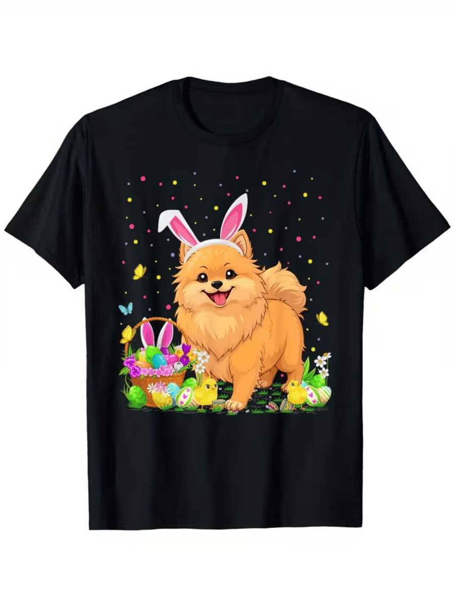 Pomeranian With Bunny Ears Surrounded By Colorful Eggs, Chicks, Flowers, And Butterflies Conveys Joy And Festive Energy, Perfect For Happy Days. Women's Casual, Modern, Comfortable, And Fun T-Shirt. - 黑色 - 查看 1