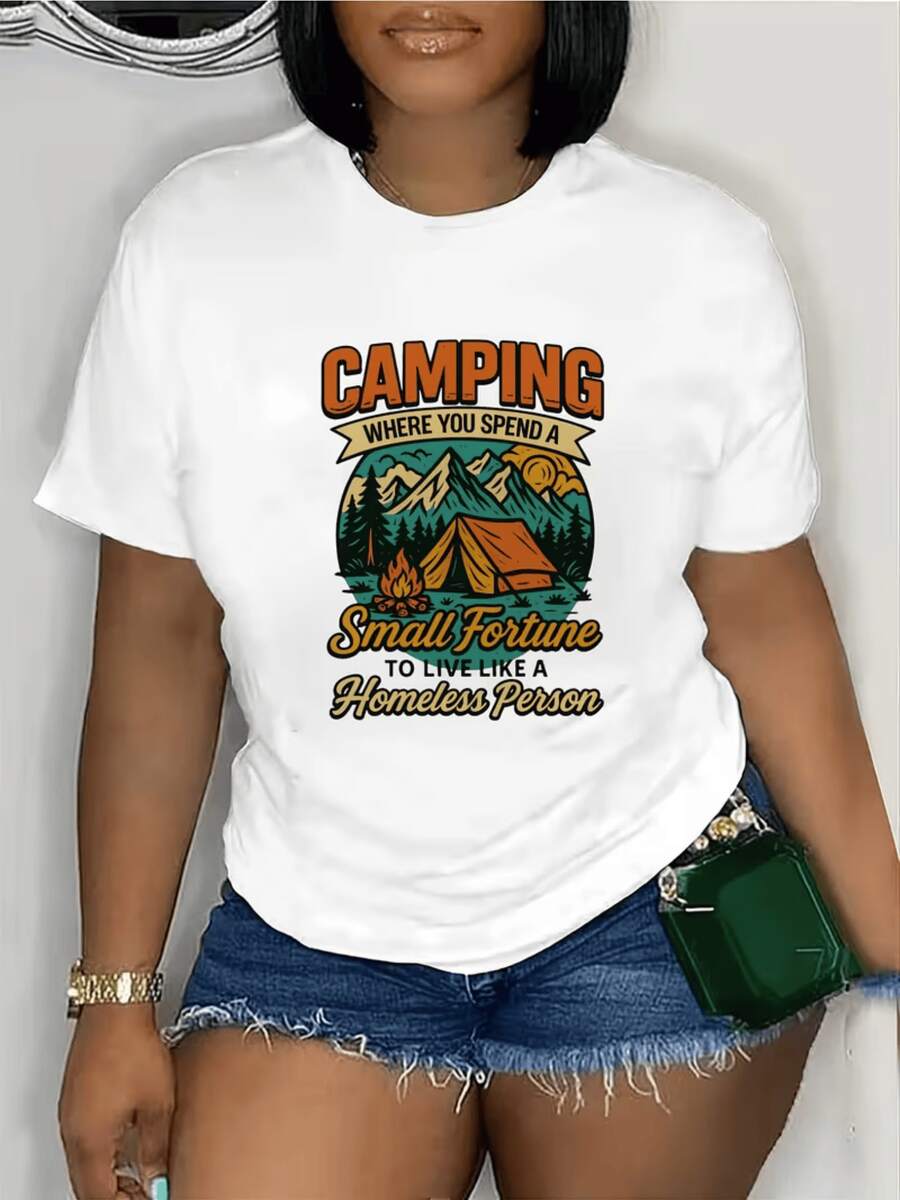 Paisaje de montaña con tiendas de campaña fuego y árboles que evoca la aventura al aire libre y la ironía de gastar fortuna para vivir sencilla camiseta de mujer casual cómoda diaria - Blanco - Ver 1