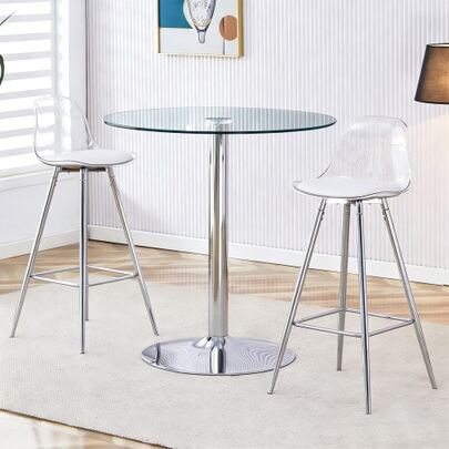 Modular Bar Set: Round Glass Table, 89 Cm In Diameter + 2 Bar Stools With Silver Legs. • Transparent Appearance • Versatile Use • Creates A Feeling Of Spaciousness And Optimizes Space.