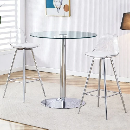 Modular Bar Set: Round Glass Table, 89 Cm In Diameter + 2 Bar Stools With Silver Legs. • Transparent Appearance • Versatile Use • Creates A Feeling Of Spaciousness And Optimizes Space. - Silver - View 1