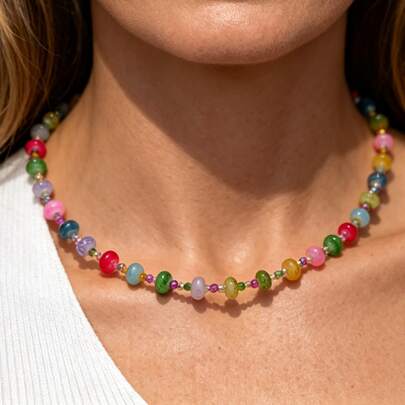 Delicate Multi-Color Artificial Crystal Beaded Choker Necklace, Bohemian Style Colorful Bead Choker Necklace, Korean Sweet Aesthetic Neck Accessory, Women & Girls Daily/Party Neck Decor