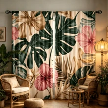 2 pièces Rideaux transparents imprimés de plantes tropicales, avec des feuilles de Monstera en or et vert et des fleurs d'hibiscus en rose, impression 2D, rideaux d'été légers convenant pour le salon, la chambre, le bureau et la décoration de la maison - Multicolore - Voir 6