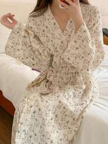 Lightweight Spring/Summer Robe/Sleepwear, Rabbit Print Sheer Robe/Kimono, Minimalist European Style, Long Sleeve, V-Neck, With Pockets, Comfortable Women's Loungewear Robe, Suitable For Spring, Summer, Autumn, Home, Bathroom, Best Birthday Gift For Daughter/Family - As Show - View 18