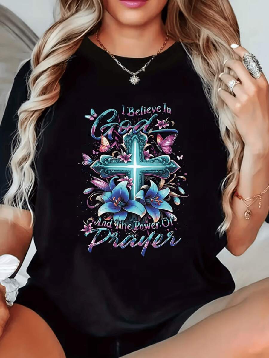 Luminous Cross Surrounded By Butterflies And Blue Flowers Symbolizing Hope, Faith, And The Power Of Prayer; Comfortable, Modern Women's T-Shirt With An Inspiring Spiritual Message - 黑色 - 查看 1