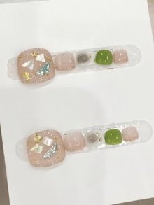 10片手工穿戴式腳趾甲片，適合派對與日常佩戴，易於佩戴，適用於女孩與女性的節日派對、音樂節，情人節、母親節禮物 - 淺粉色 - 查看 8
