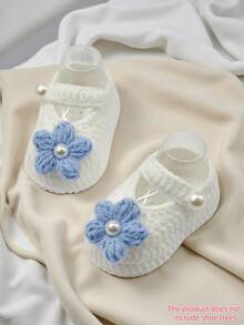 1 Pair Infant Christening Booties, White Pearl Knit Slippers, Infant Shoes - Blue - View 9