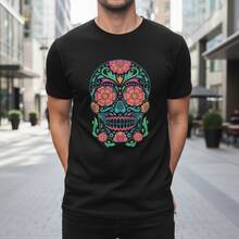 Vibrant Marigold Sugar Skull Tee - Traditional Mexican Folk Art Apparel - Negro - Ver 9