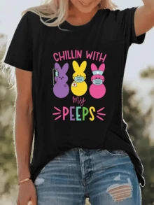Three Colorful Bunnies Wearing Medical Masks Represent Friendship And Care With A Cheerful And Optimistic Spirit. Fun Casual Women's T-Shirt Ideal For Leisure Time - 黑色 - 查看 1