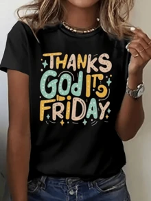 Texto alegre con letras coloridas que expresa gratitud por la llegada del viernes transmitiendo energía positiva y entusiasmo por disfrutar el fin de semana camiseta de mujer cómoda casual moderna para diario - Negro - Ver 8