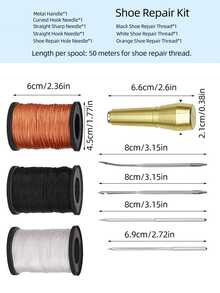 Bộ dụng cụ sửa giày chuyên nghiệp với tay cầm kim loại, 4 kim thay thế + 3 cuộn chỉ sáp 50M (đen/trắng/cam), chắc chắn và bền bỉ, thích hợp cho giày bốt da, giày thể thao và túi xách, tự sửa chữa và làm đồ thủ công (quà tặng Ngày của Cha và du lịch mùa hè). - Kim dùi 4 mũi + 3 cuộn chỉ - Xem 7