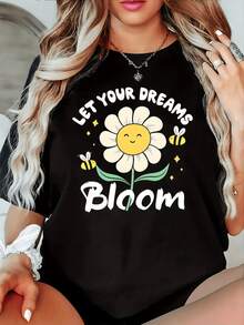 A Smiling Flower Surrounded By Bees Symbolizes Positive Energy And Inspiration For Your Dreams To Bloom With Joy And Hope. This Casual Women's T-Shirt With A Motivational Message And Cheerful Print Is Ideal For Everyday Wear. - 黑色 - 查看 1