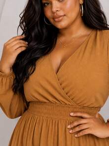 Women's Long Sleeve V-Neck Wrap Dress, Casual Midi Style With Discreet Slit, Plus Size, Comfortable - 駝色 - 查看 3