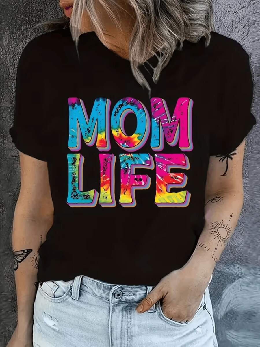 Letras coloridas con mensaje Mom Life que expresan orgullo amor energía positiva y amor maternal con toque moderno para madres felices camiseta de mujer casual cómoda para uso diario - Negro - Ver 1