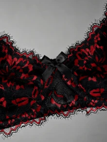 1pc Red & Black Contrast Lace Underwire Bra, Vintage Floral Pattern Charming Design, Eyelash Lace Trim Adds Femininity. Soft Fabric Skin-Friendly & Breathable, Underwire Provides Firm Support, 34B Cup Flatters Bust Shape, Delicate Straps Won't Dig In, Suitable For Daily Wear, Commuting Or Dates, Effortlessly Shapes Alluring Curves, Showcases Unique Elegance. - Multicolor - View 3