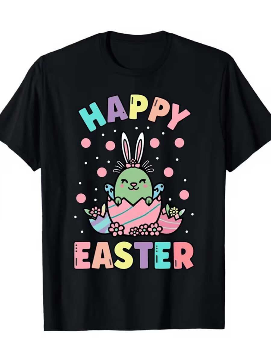 Conejo verde con orejas largas que emerge de un huevo de Pascua decorado con flores y colores pastel que transmite alegría y esperanza camiseta de mujer casual divertida para fiestas de Pascua - Negro - Ver 1