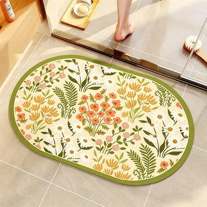 1pc French Country Floral Silicone Rug, Easy To Maintain, Suitable For Bathroom, Entryway, Vanity Area, Bedroom Doorway - Brings A Healing Bright Color To Your Home, Feels Like Walking In A Spring Garden
