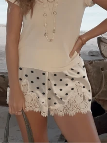 Pantalones cortos de encaje y satén de seda con patchwork para mujer, estilo vintage, de talle alto, cómodos y suaves, tipo pijama. - Blanco - Ver 4