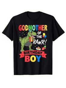 Un tierno dinosaurio verde sosteniendo un regalo y rodeado de globos coloridos simboliza la alegría de una celebración divertida para madrina del cumpleañero camiseta de mujer moderna casual cómoda ideal para fiesta - Negro - Ver 8