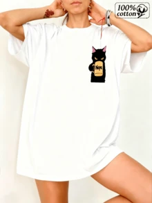 Camiseta de modara mujeres | Impresión frontal blanca Negro de gato que sostiene la taza de cerveza con texto "No" | Vestir cómodo y informal para el uso diario - Blanco - Ver 2