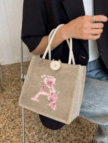 1个字母图案手提包，粉色玫瑰花卉亚麻手提包，装饰纽扣点缀手提包，简约大容量手提包，便携休闲收纳手提包，多功能购物袋，大容量，适合购物、单肩包、手提包、午餐包，适合女性日常使用、约会、生日、节日、返校、夏季、度假、海滩、商务旅行、上学、野餐、露营、日常收纳（纽扣款式随机） - 彩色 - 查看 10