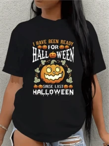Calabaza luminosa con hojas verdes simboliza la alegría y la anticipación festiva de Halloween con un toque divertido lleno de energía positiva camiseta de mujer casual cómoda para fiesta otoñal - Negro - Ver 8