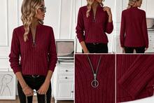 Women's Ribbed Knit Zip Up Top Solid Color Long Sleeve Slim Fit Casual Autumn Winter Sweater - Wine Red - 查看 10
