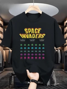 Men's Retro T-Shirt With Arcade Game Design [Space Invaders], Bright Neon Colors, Inspired By 70s-80s Video Game Culture, Breathable Fabric, Regular Fit With Round Neck, Women's Blouses, Blouses, Casual Blouses For Women, Casual Tops For Women, Women's Tops, Unisex. - 黑色 - 查看 6