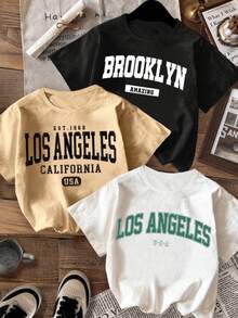 Conjunto de 1 pieza: camiseta estampada con diseño de Los Ángeles, California, EE. UU. - tejido de punto de algodón puro, estilo casual, cuello redondo, cómoda para todas las estaciones, diseño de fuente inspirado. - Blanco - Ver 1