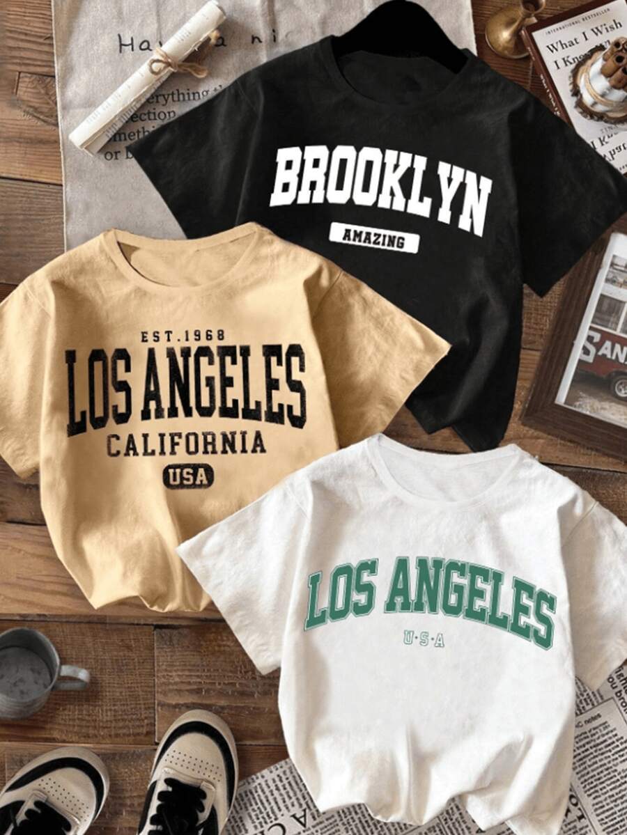 Conjunto de 1 pieza: camiseta estampada con diseño de Los Ángeles, California, EE. UU. - tejido de punto de algodón puro, estilo casual, cuello redondo, cómoda para todas las estaciones, diseño de fuente inspirado. - Blanco - Ver 1
